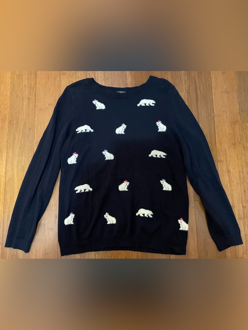 Talbots Sweater L Petite Navy Blue Winter Fuzzy Polar Bear Pink Purple HatCute!